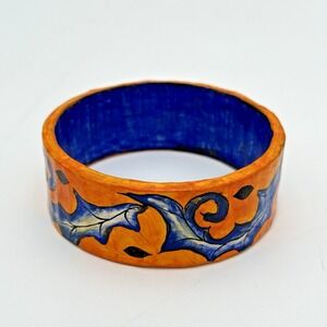 Hand Painted Bangle Bracelet Orange Blue Floral Design Fashion Jewelry